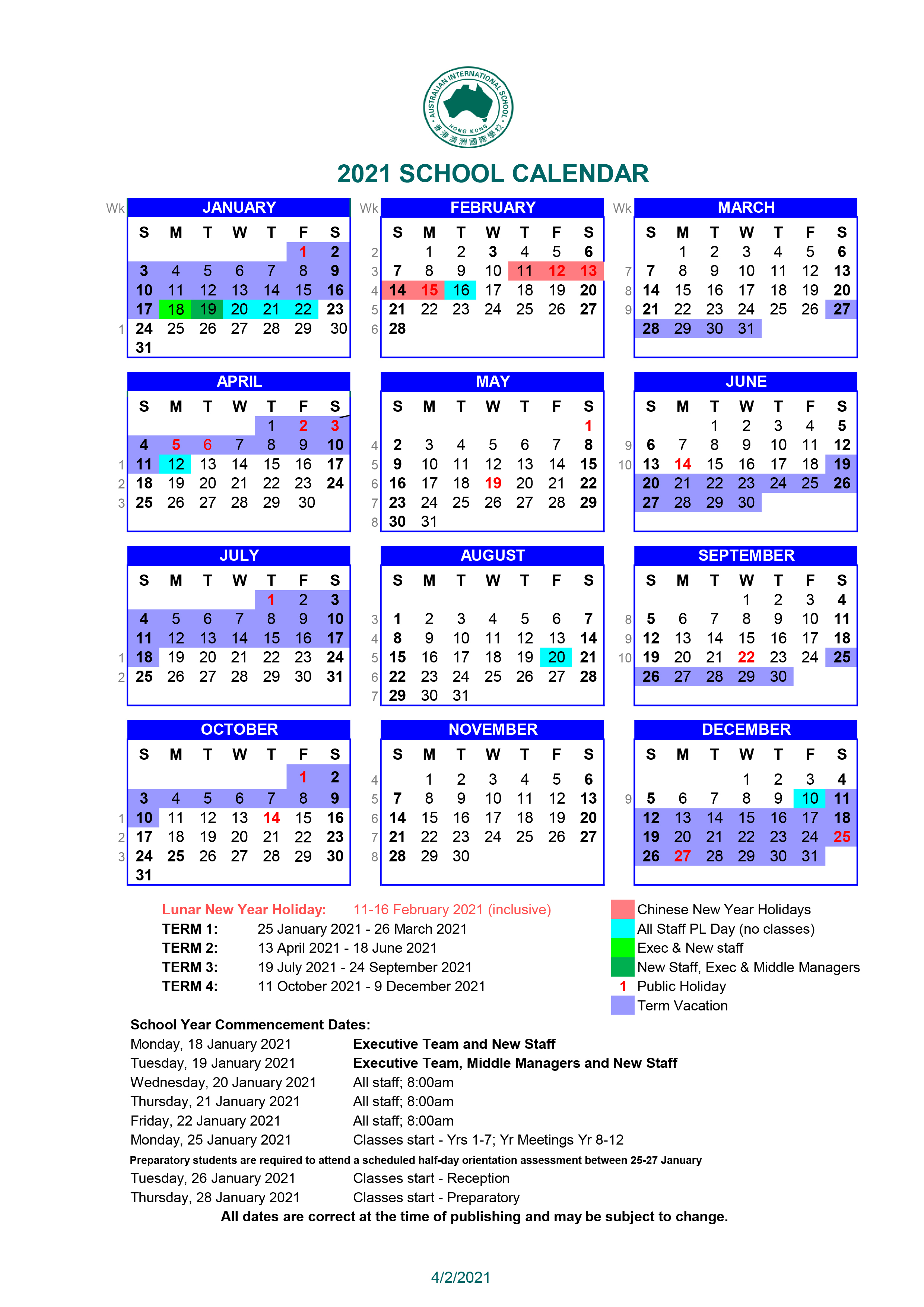 Calendars and Key Dates Australian International School Hong Kong